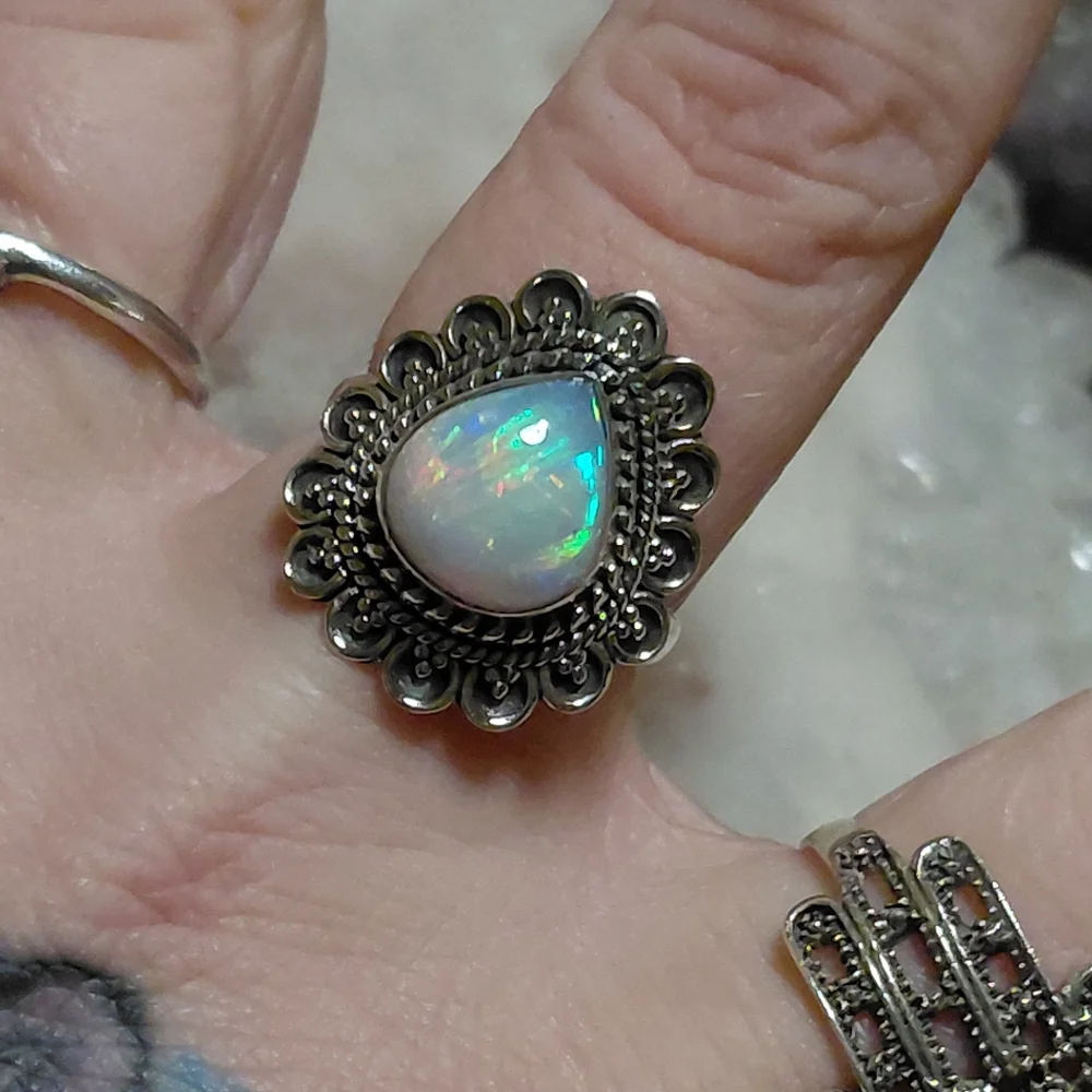 Vintage Style Ethiopian Opal Silver Ring Size 8.25